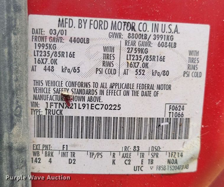 image for item LS9578 2001 Ford F250 Super Duty XLT  SuperCab pickup truck