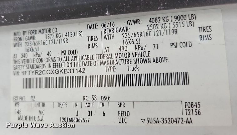 image for item LW9609 2016 Ford Transit  van