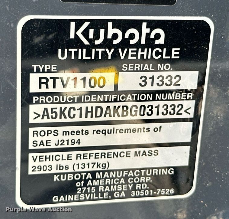 image for item MB9650 2011 Kubota RTV1100  utility vehicle