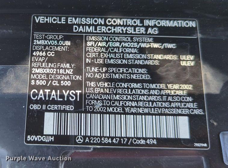 image for item MY9386 2002 Mercedes Benz CL500