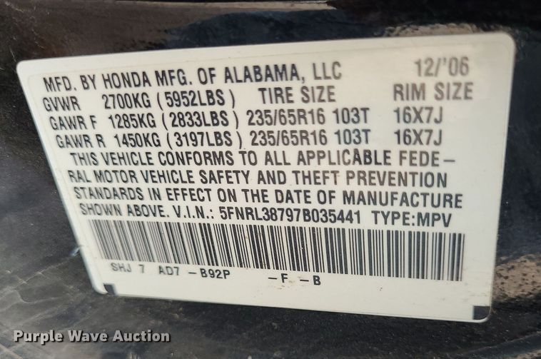 image for item NX9665 2007 Honda Odyssey  van