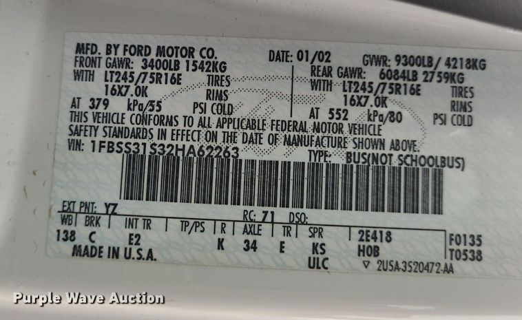 image for item NX9666 2002 Ford E350 Super Duty XL  van