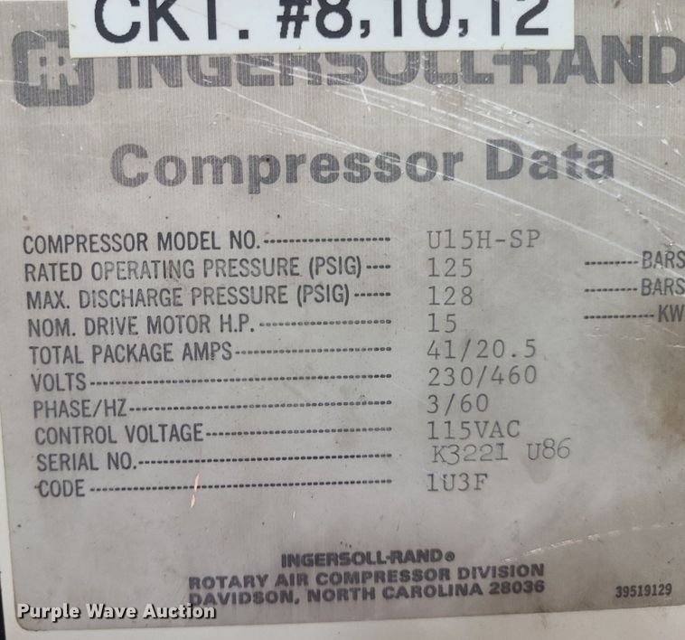 image for item NX9670 1985 Ingersoll Rand U15HSP  air compressor