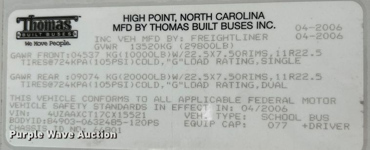 image for item OK9635 2007 Freightliner FS65  school bus