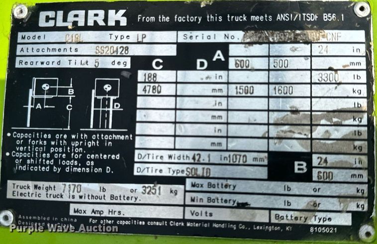 image for item AF9642 2014 Clark C18L  forklift