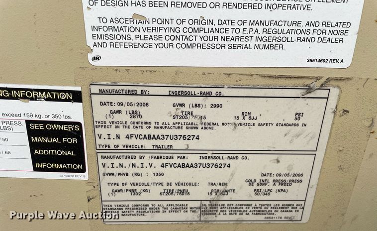 image for item DL3845 2007 Ingersoll Rand P185WJD  air compressor