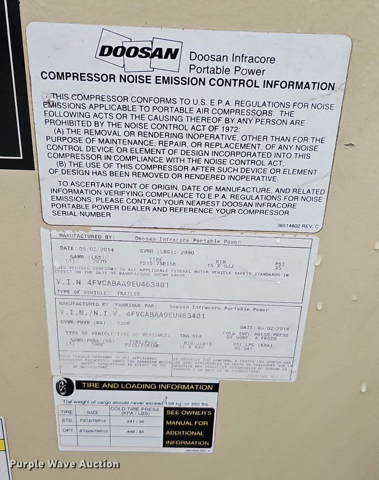 image for item DO2905 2014 Doosan P185WDZ-T4F  air compressor