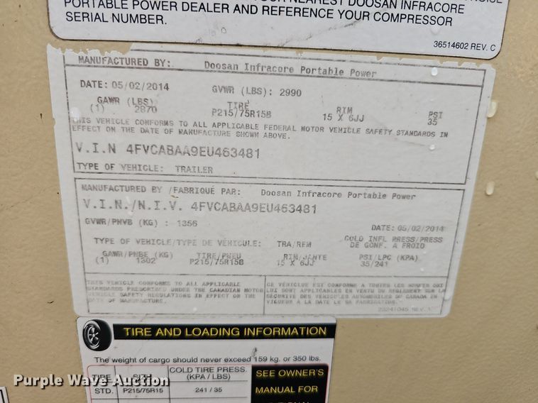 image for item DO2905 2014 Doosan P185WDZ-T4F  air compressor