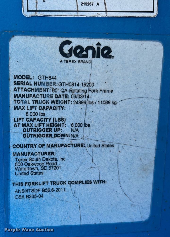 image for item DQ2115 2014 Genie GTH844  telehandler