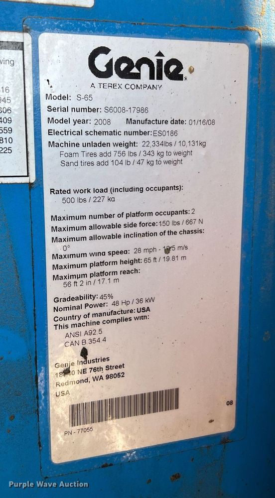 image for item II9242 2008 Genie S-65  boom lift