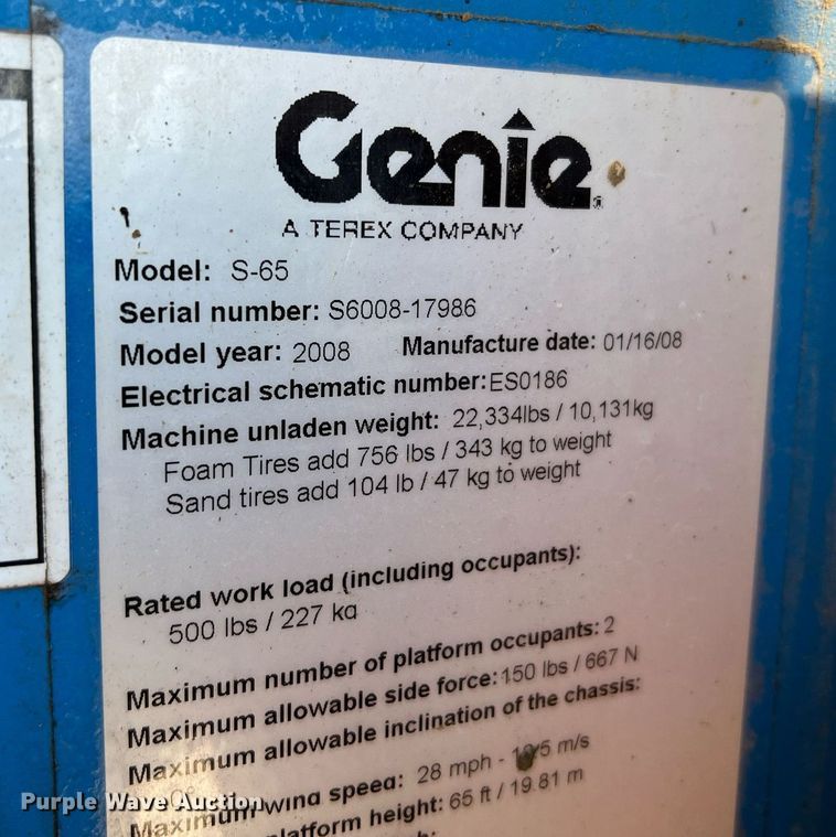 image for item II9242 2008 Genie S-65  boom lift