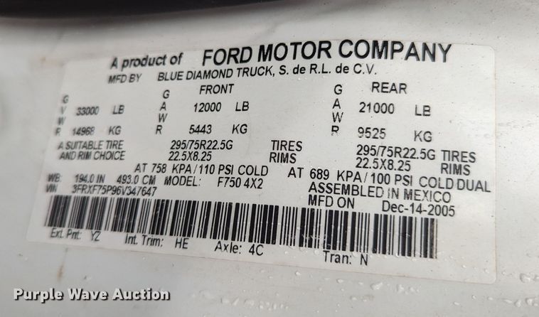 image for item KB9425 2006 Ford F750  reel truck