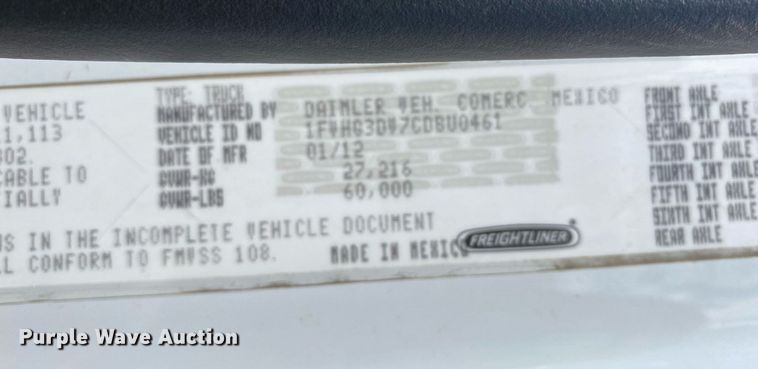 image for item KB9462 2012 Freightliner 114SD  crane truck