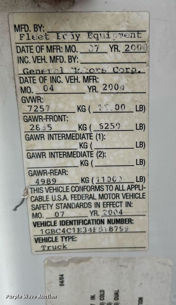 image for item KW9171 2004 Chevrolet C4500  bucket truck