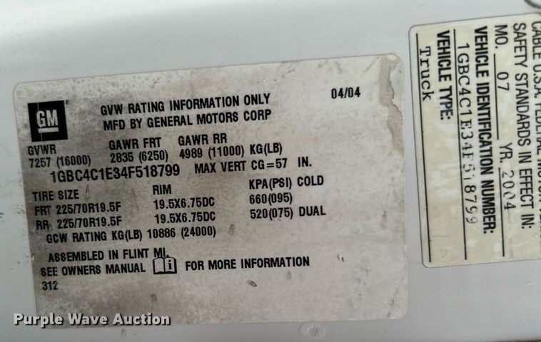 image for item KW9171 2004 Chevrolet C4500  bucket truck