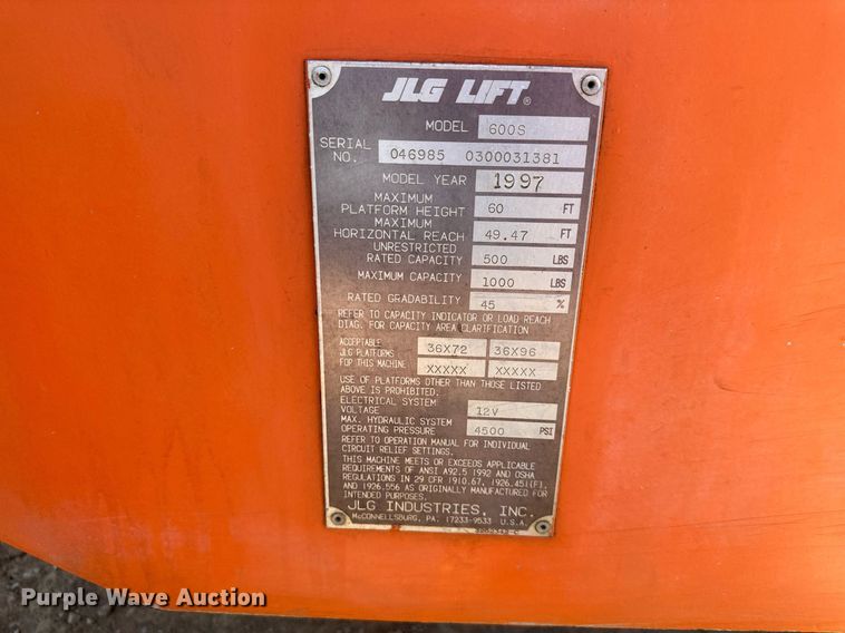 image for item LN9277 1997 JLG 600S  boom lift