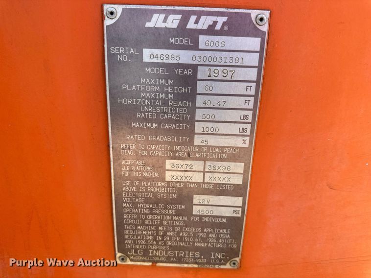 image for item LN9277 1997 JLG 600S  boom lift