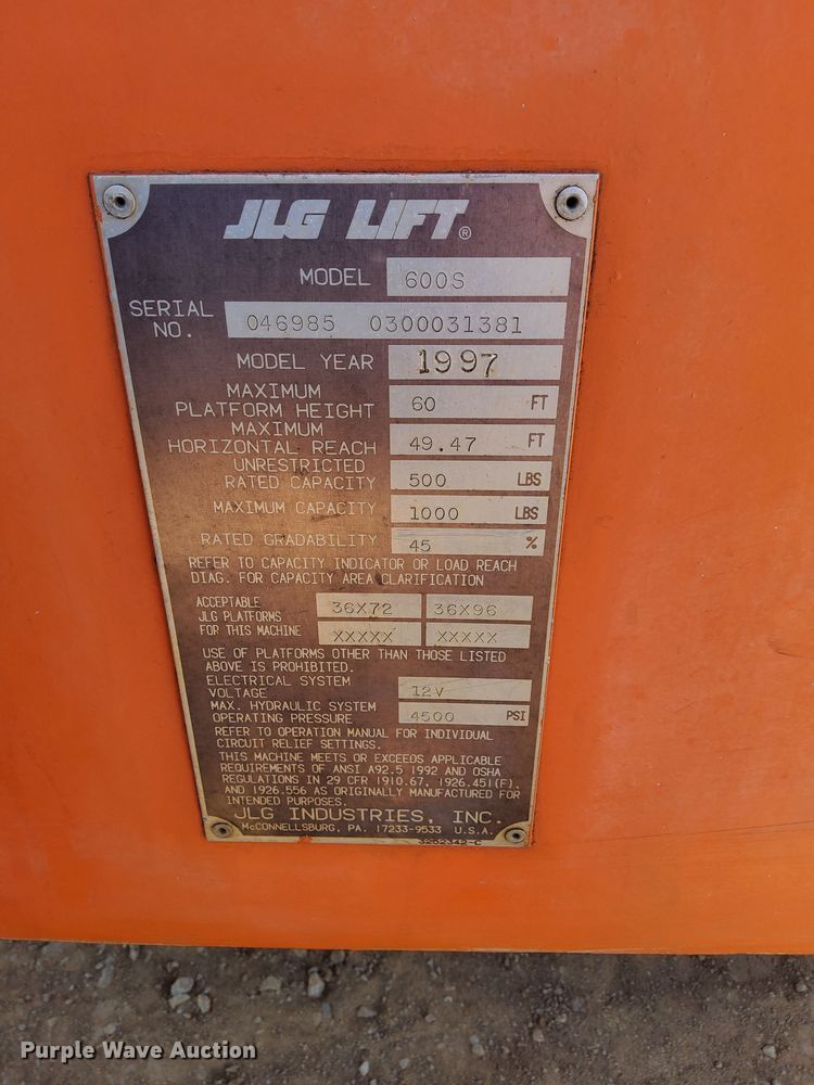 image for item LN9277 1997 JLG 600S  boom lift