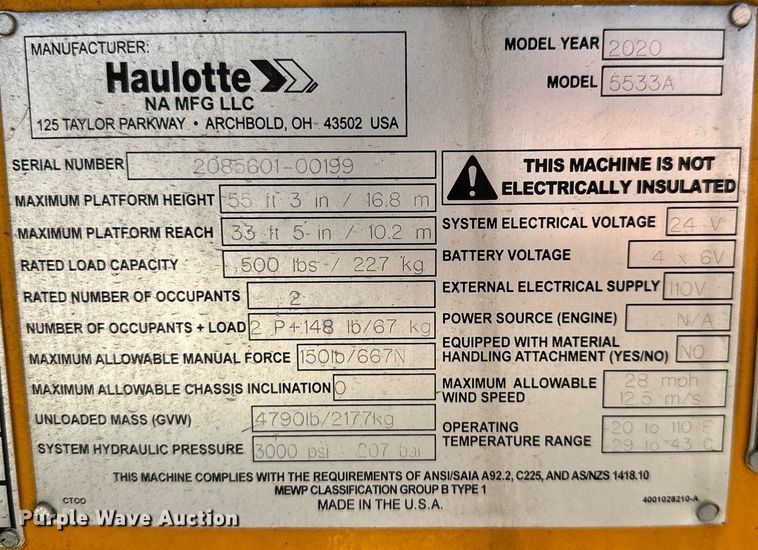 image for item MB9673 2020 Haulotte 5533A  boom lift