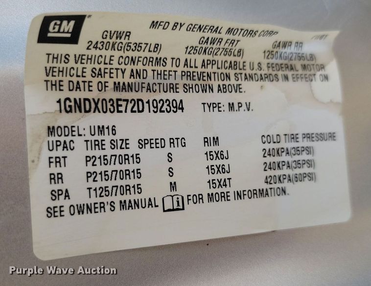 image for item DQ7469 2002 Chevrolet Venture  van