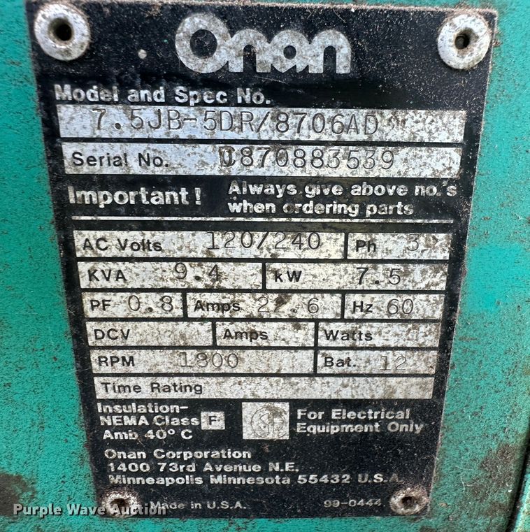 image for item NM9359 Onan 7.5  generator