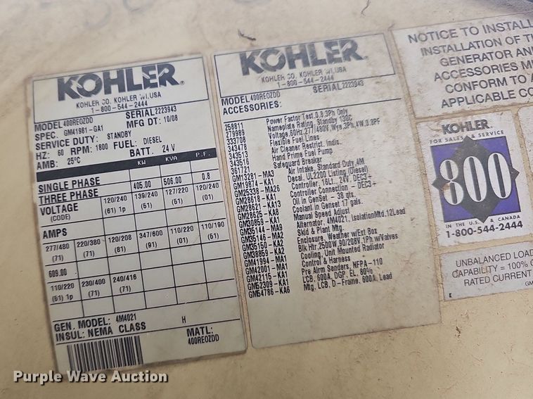 image for item NT9750 2008 Kohler 400  generator