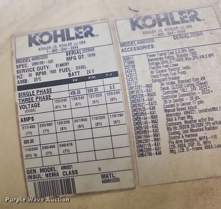 image for item NT9750 2008 Kohler 400  generator