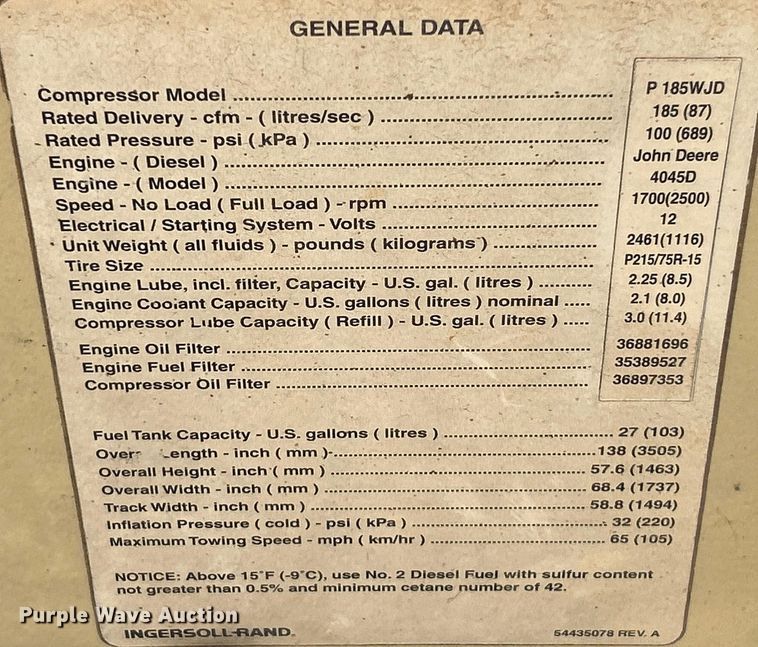 image for item OK9629 2000 Ingersoll Rand PL185WJD  air compressor