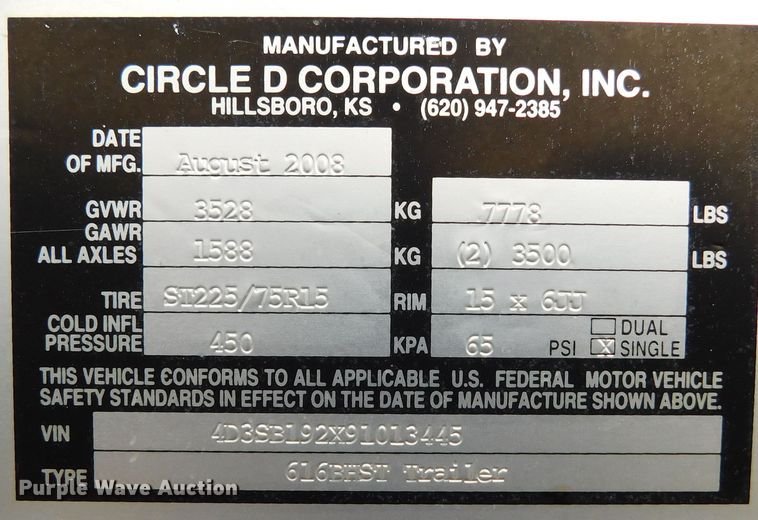 image for item GP9628 2003 Circle D  livestock trailer