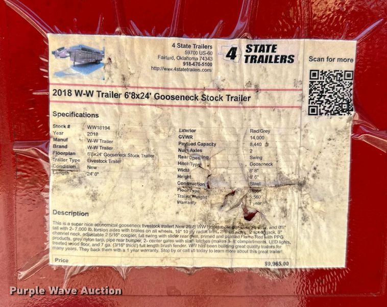 image for item MB9678 2018 W-W  livestock trailer