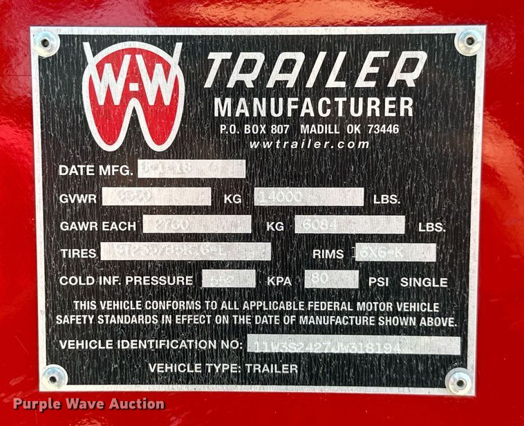 image for item MB9678 2018 W-W  livestock trailer