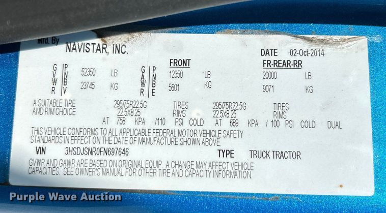 image for item OK9630 2015 International ProStar Plus  semi truck