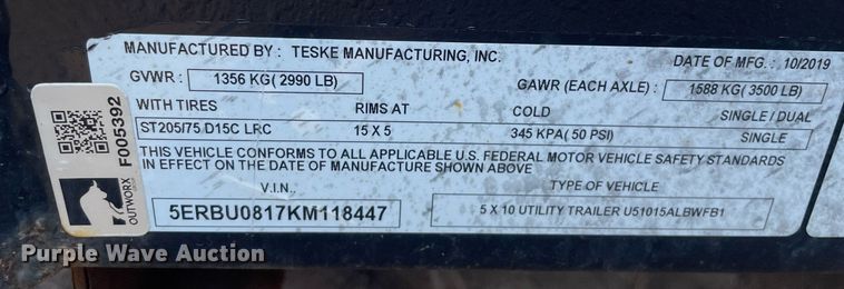 image for item DL3927 2019 Teske Manufacturing Inc  utility trailer