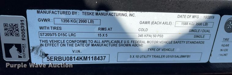 image for item DL3928 2019 Teske Manufacturing Inc  utility trailer