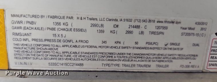 image for item DO2908 2012 H&H  enclosed cargo trailer