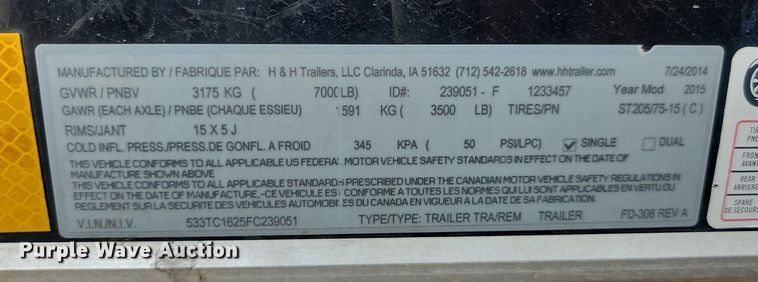 image for item DQ7493 2015 H&H TC 16 2  enclosed cargo trailer