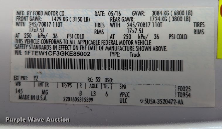 image for item LM9834 2016 Ford F150  SuperCrew pickup truck