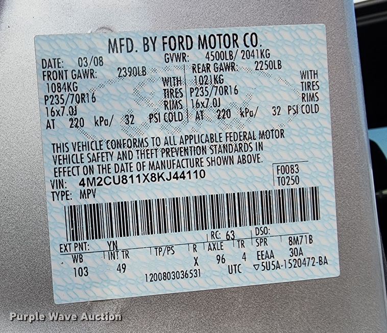 image for item MG9607 2008 Mercury Mariner  SUV