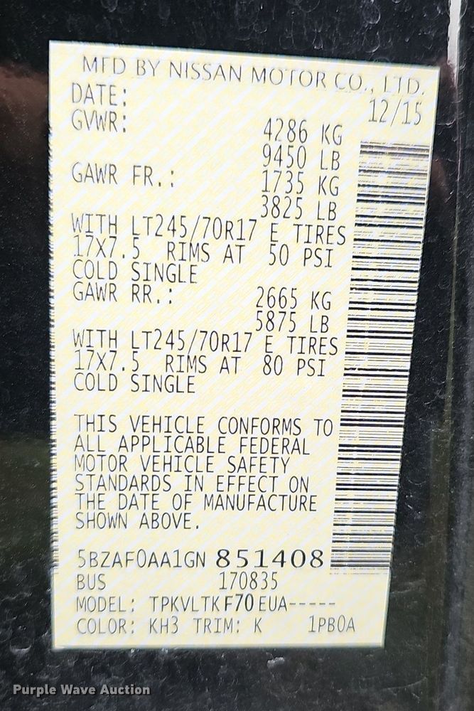 image for item NT9785 2016 Nissan NV3500  van