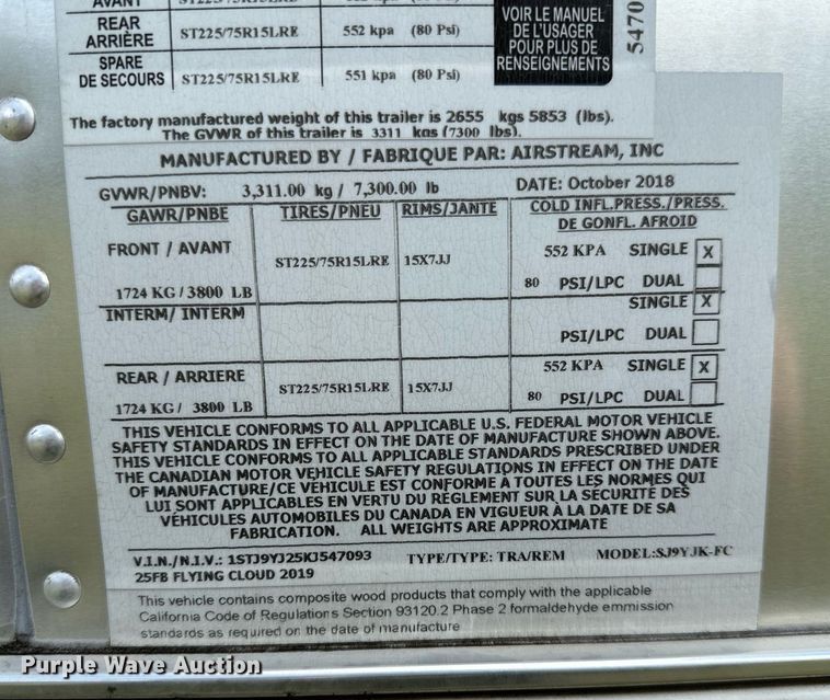 image for item OC9100 2019 Airstream Flying Cloud  camper