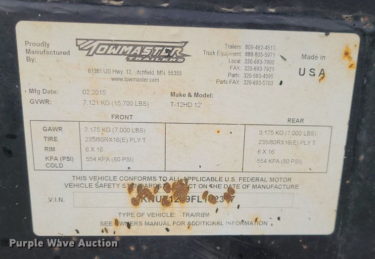 image for item BR9750 2015 Towmaster T-12HD  dump trailer