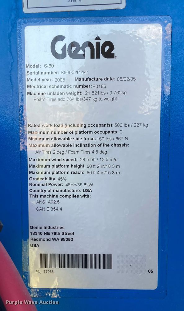 image for item DJ6184 2005 Genie S-60  boom lift