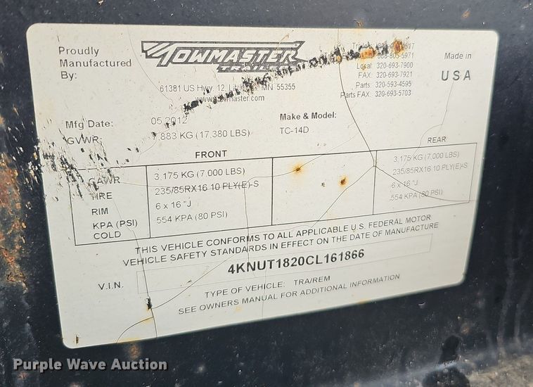 image for item DO2907 2012 Towmaster Trailer TC-14D  equipment trailer