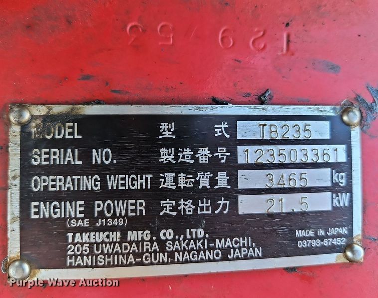 image for item DQ1799 2013 Takeuchi TB235  mini excavator