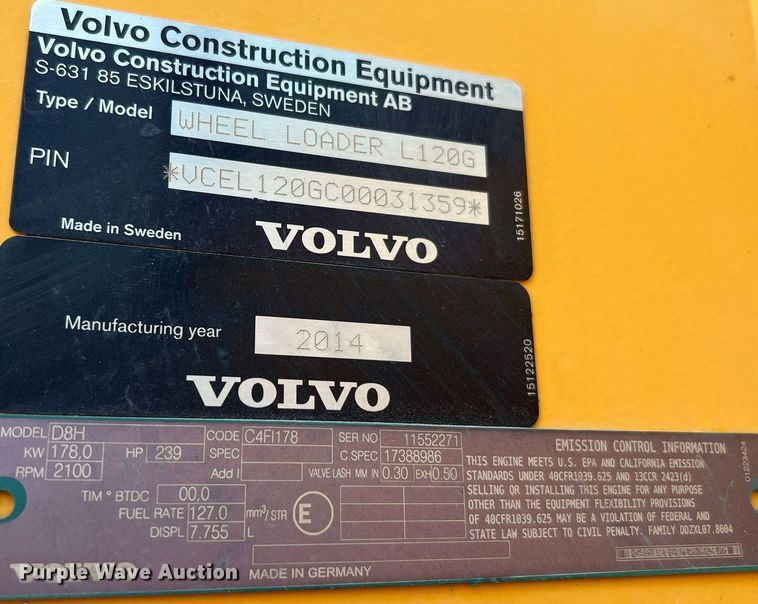 image for item DQ2117 2014 Volvo L120G  wheel loader