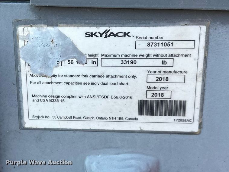 image for item DS2070 2018 Skyjack SJ1056 TH  telehandler
