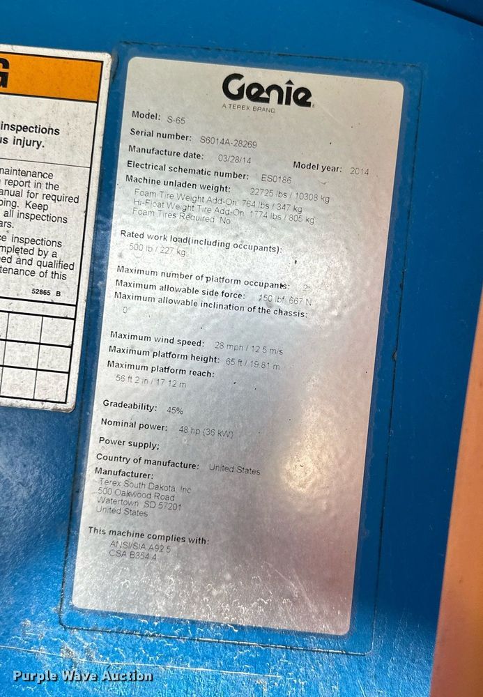 image for item DS2071 2014 Genie S-65  boom lift