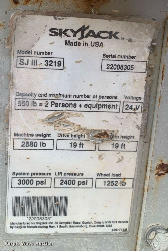image for item LH9743 2008 Skyjack SJIII3219  scissor lift