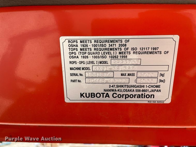 image for item LJ9780 2016 Kubota KX91-3S2  mini excavator