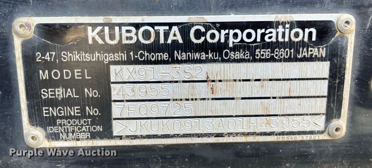 image for item LJ9780 2016 Kubota KX91-3S2  mini excavator